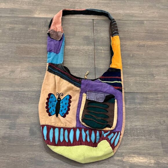 Vintage 90s Hippie Baba Boho Patchwork Crossbody Messenger Bag Buttefly One Size - Picture 1 of 7